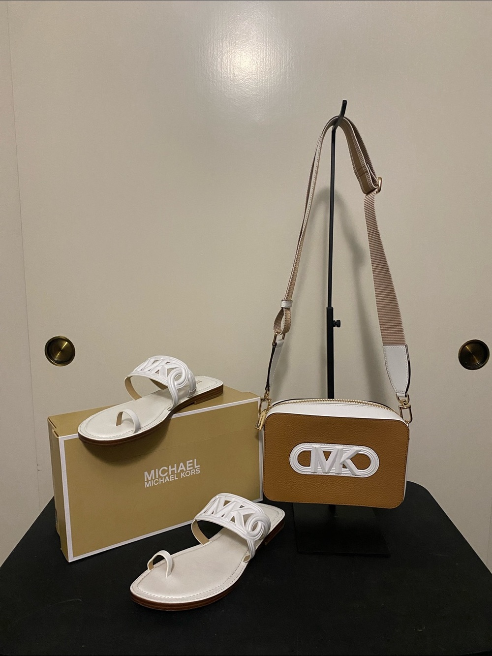 Michael Kors Tan and White Logo Crossbody Camera Bag